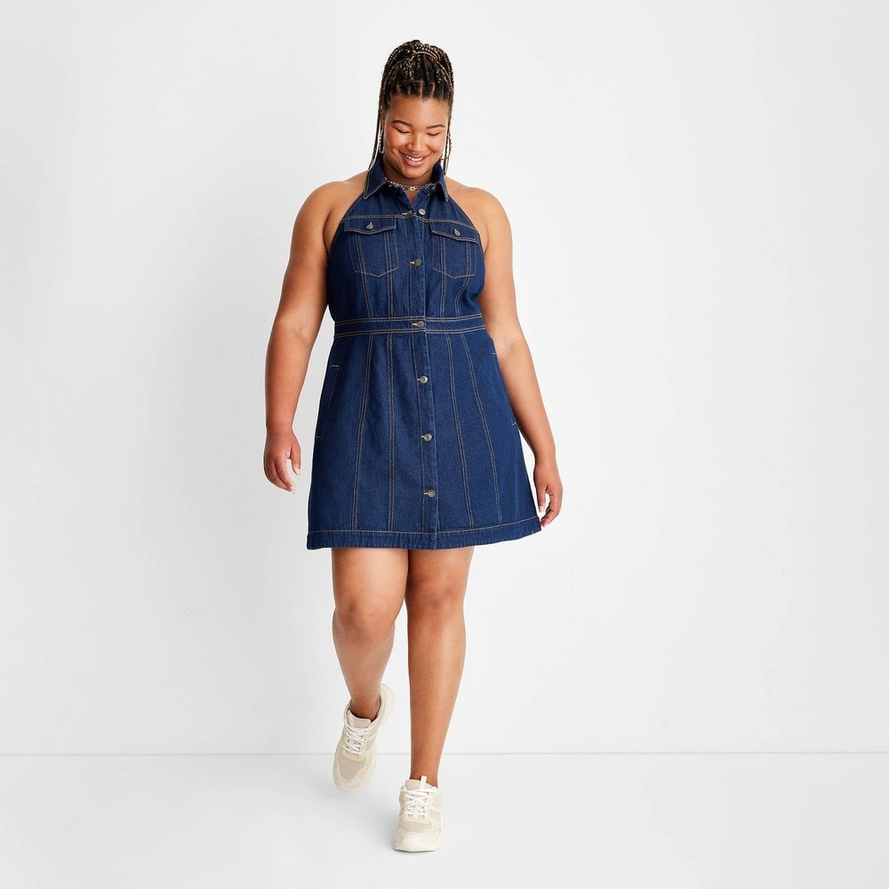 Future Collective Blue Denim Sleeveless Collared 90s Festival Mini Dress Size 16